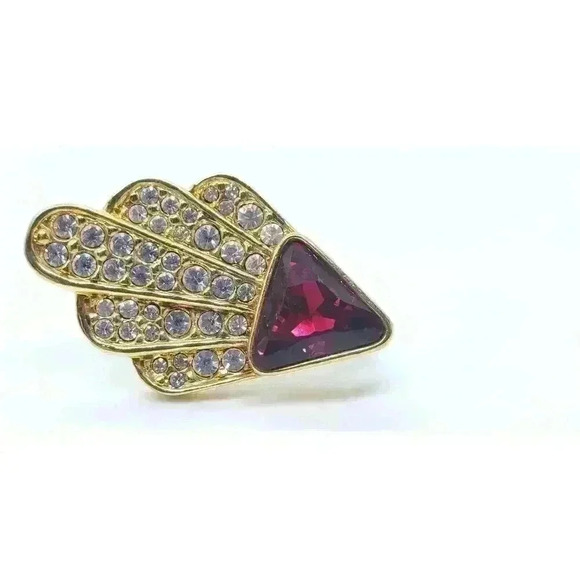 Vintage Gold Earrings Cherry Red & clear Rhinestone Clip & Screw Peacock Feather - Picture 6 of 9